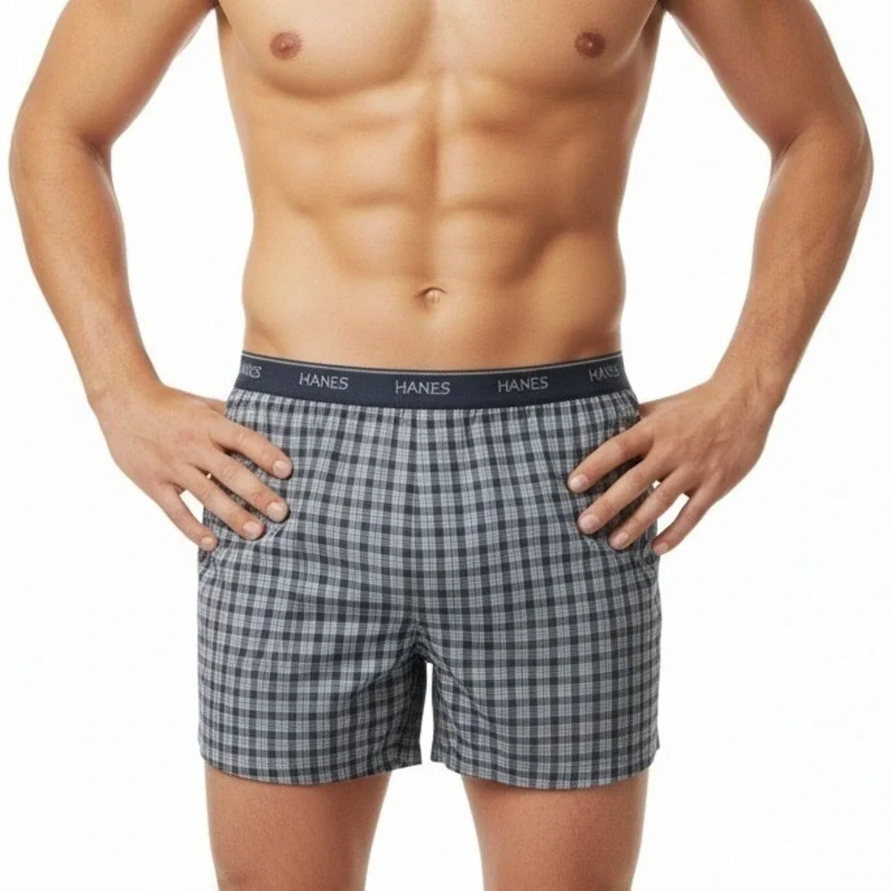 Hanes Tagless Boxers Men Large Blue Gray Plaid 4-Pack Yarn Dye ComfortFlex New